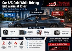 Car AC cold while driving but warm at idle infographic showing possible cooling fan, condenser, refrigerant and compressor issues