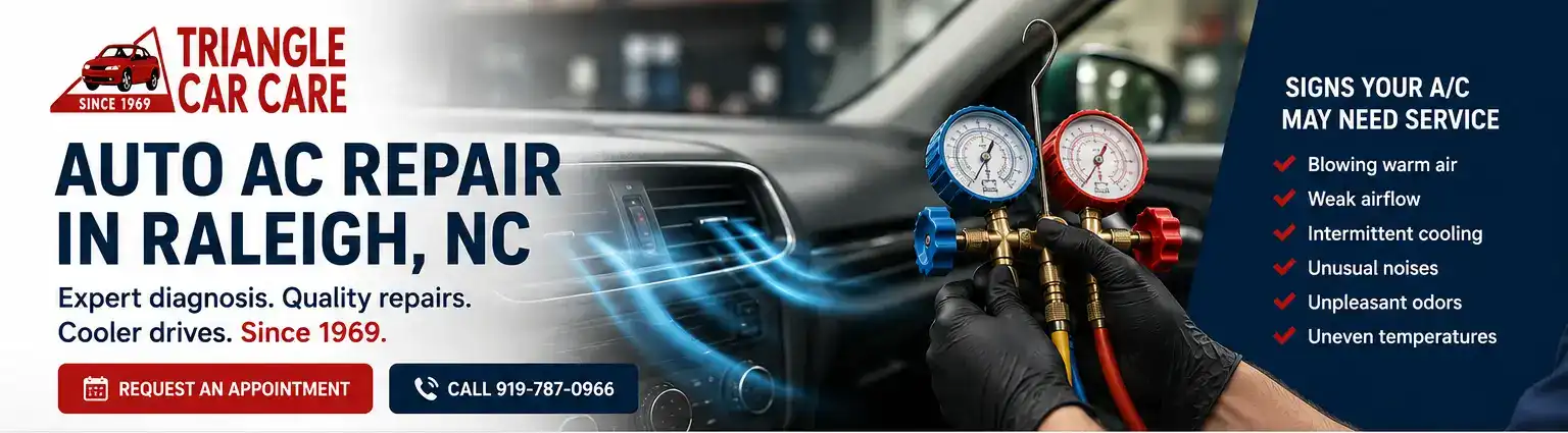 Triangle Car Care auto AC repair in Raleigh NC with vehicle air conditioning vents and automotive AC diagnostic gauges