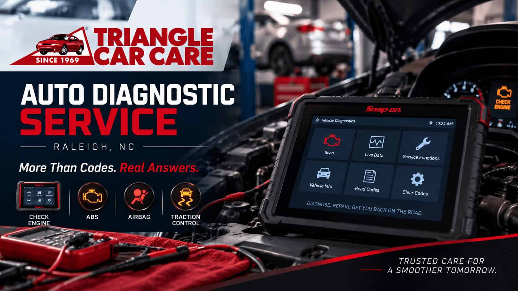 Auto diagnostic service in Raleigh NC showing scan-tool testing and vehicle diagnostics at Triangle Car Care