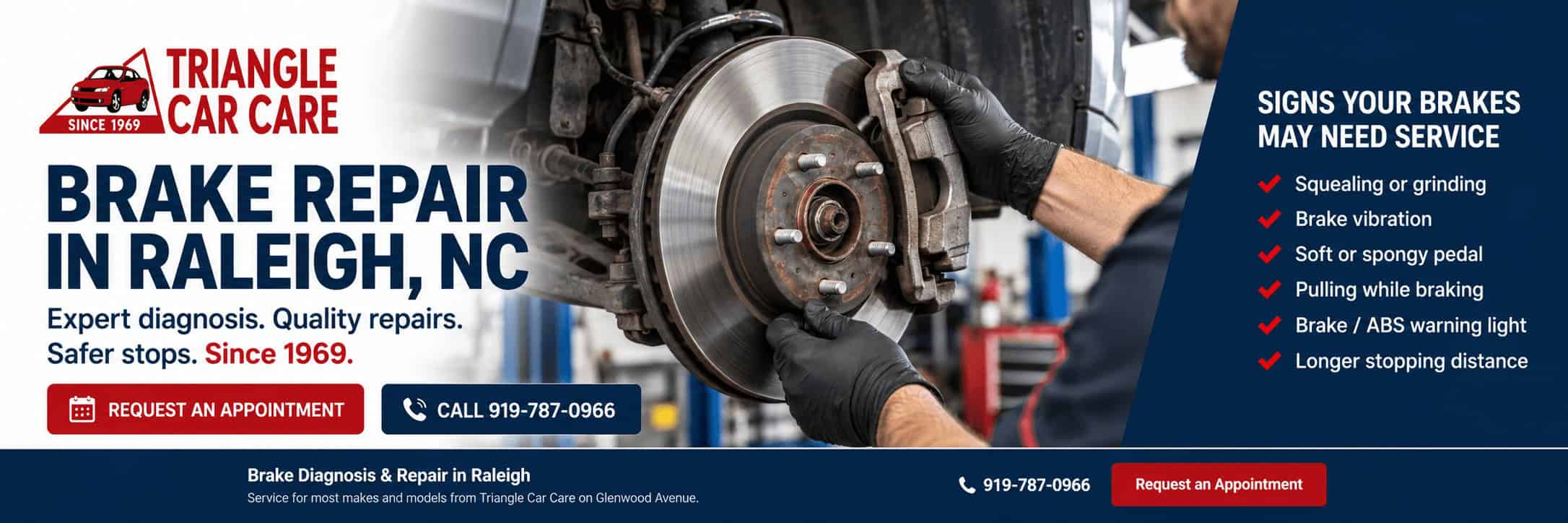 Brake repair in Raleigh NC at Triangle Car Care showing a vehicle brake rotor and caliper with common brake warning signs
