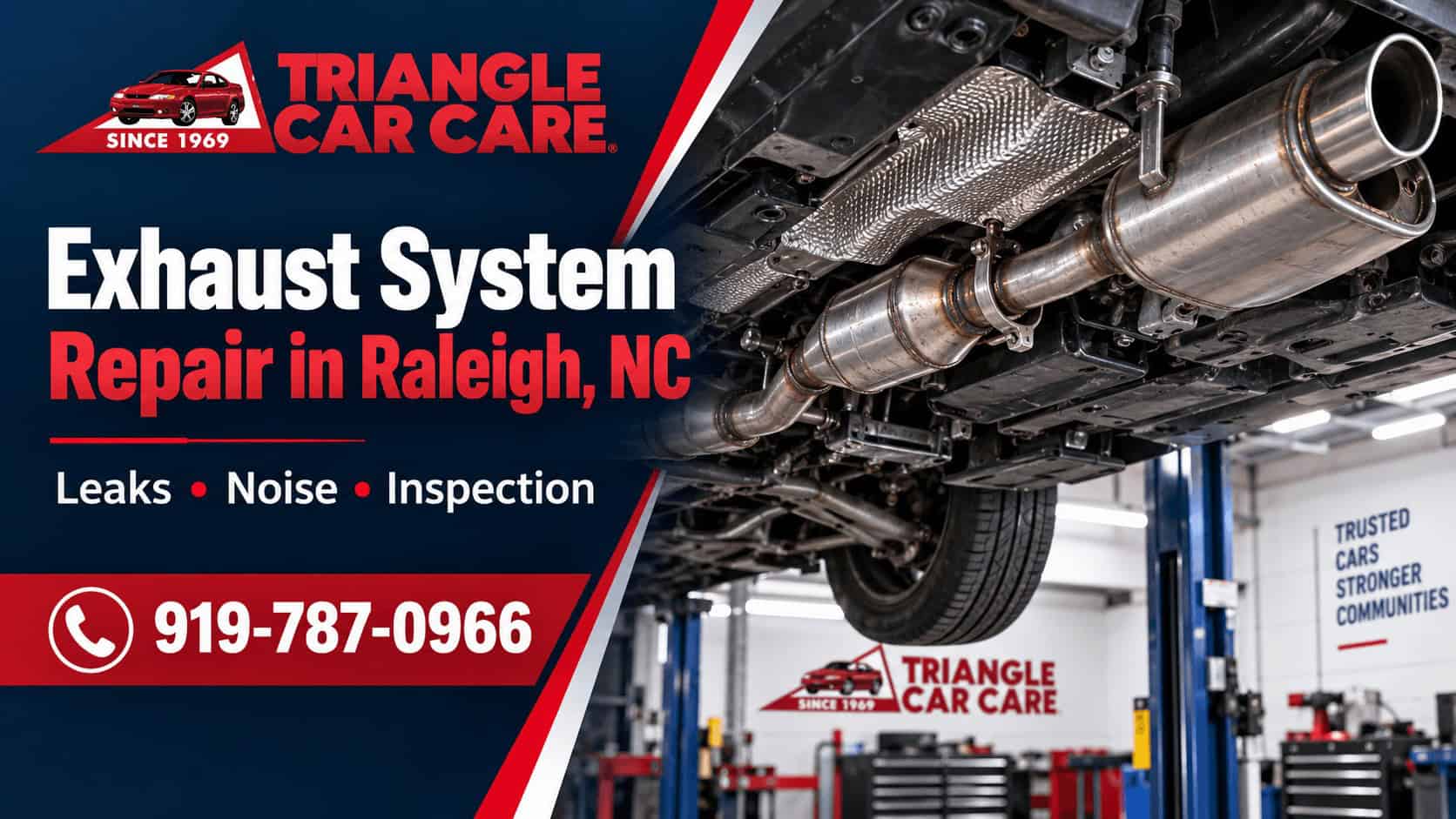 Exhaust system repair in Raleigh NC showing automotive exhaust pipes catalytic converter and muffler components at Triangle Car Care