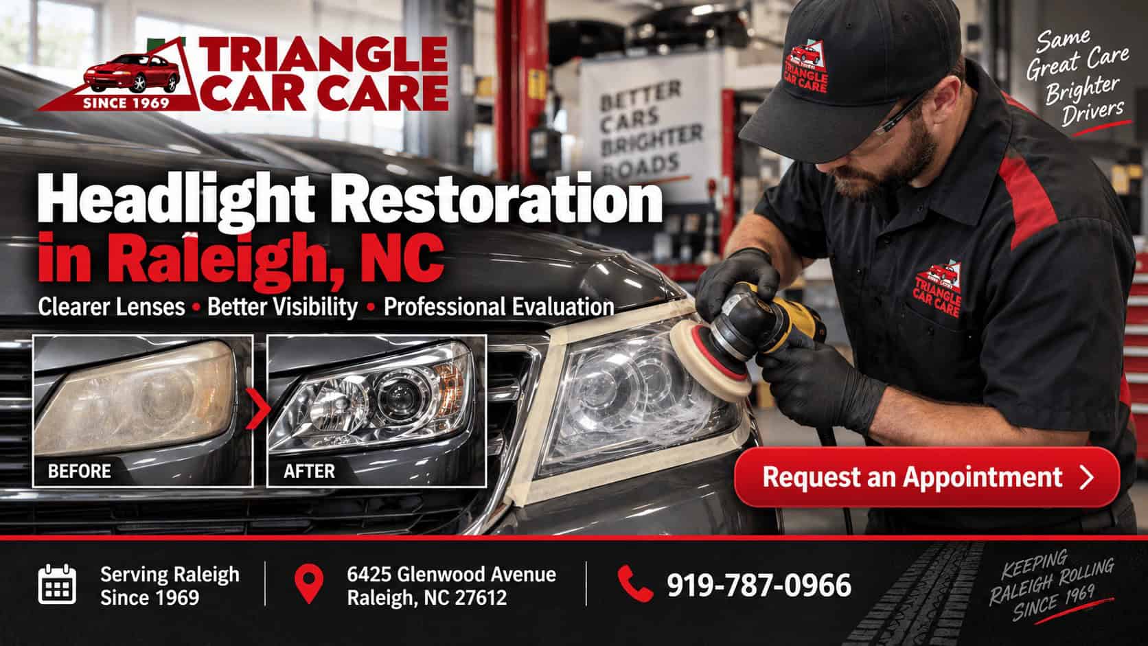 Triangle Car Care headlight restoration in Raleigh NC showing a technician restoring a cloudy headlight with before and after results