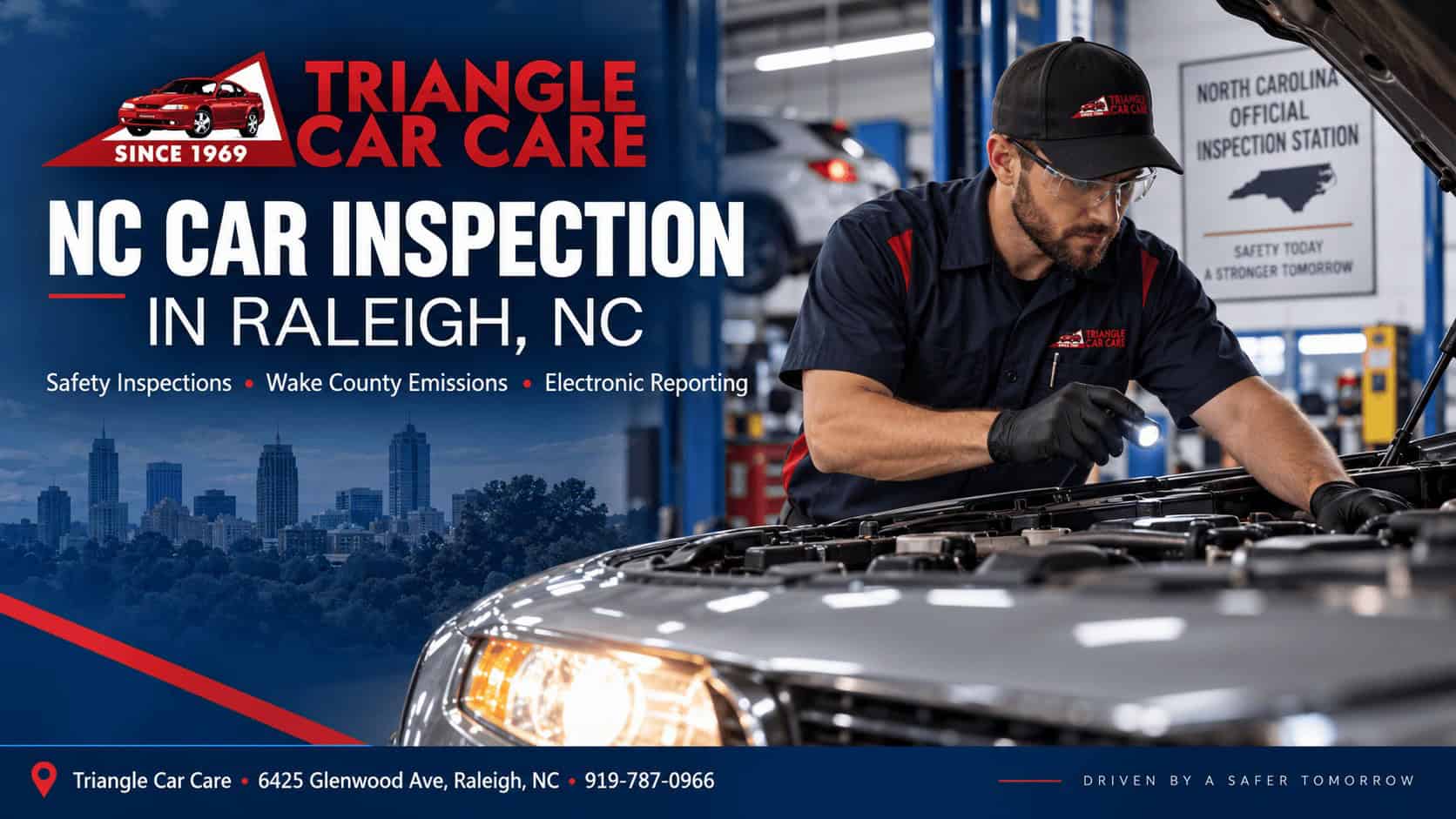 NC car inspection in Raleigh NC showing a vehicle inspection at Triangle Car Care for safety and applicable emissions requirements