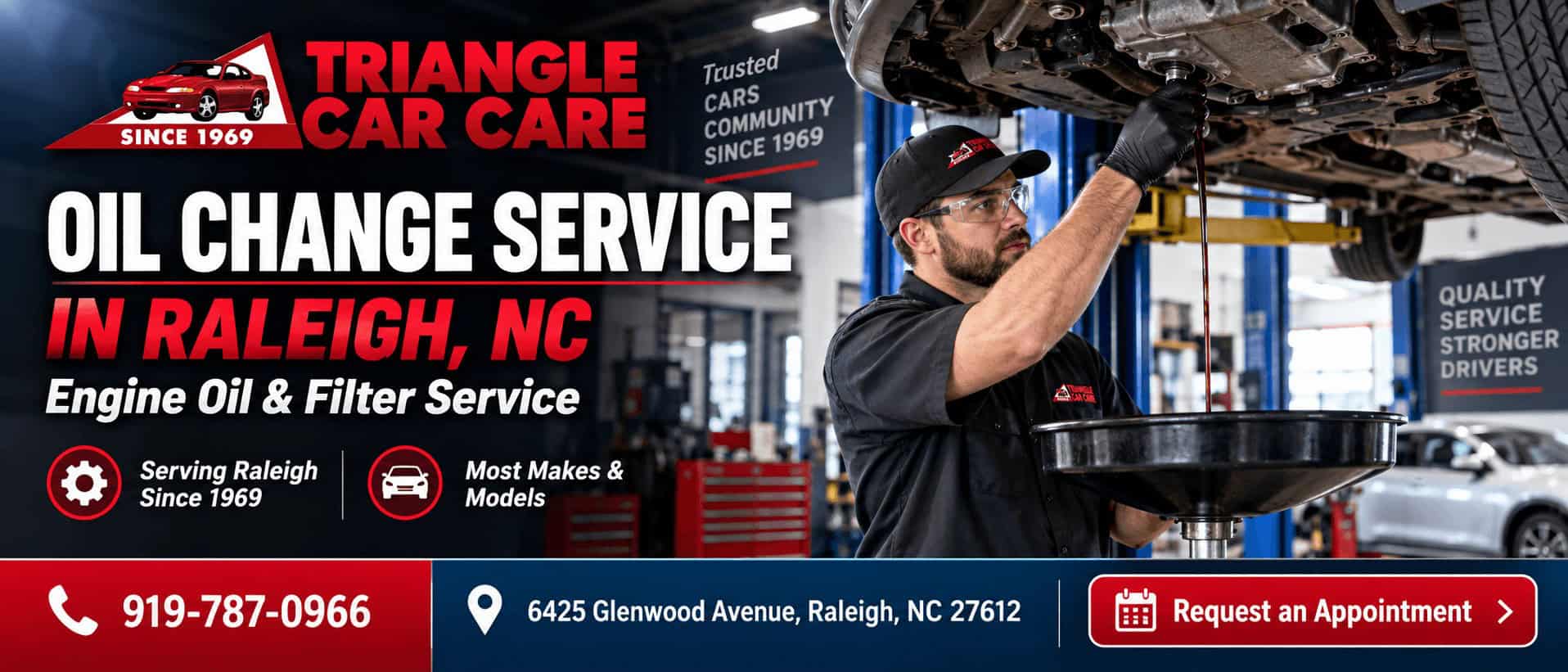 Triangle Car Care oil change service in Raleigh NC showing a technician draining engine oil during routine maintenance