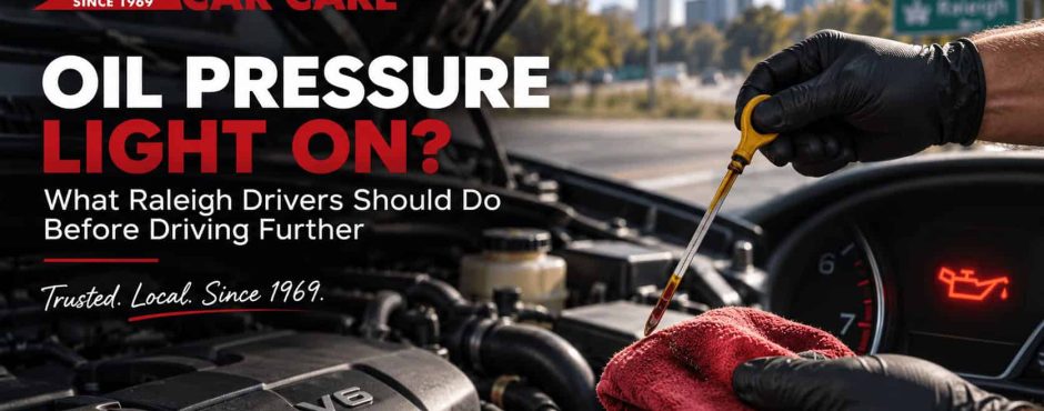 Oil pressure light warning with engine oil dipstick check for Raleigh drivers at Triangle Car Care.