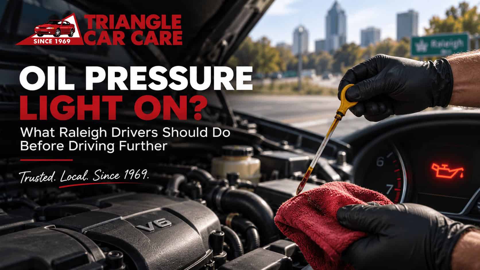 Oil pressure light warning with engine oil dipstick check for Raleigh drivers at Triangle Car Care.