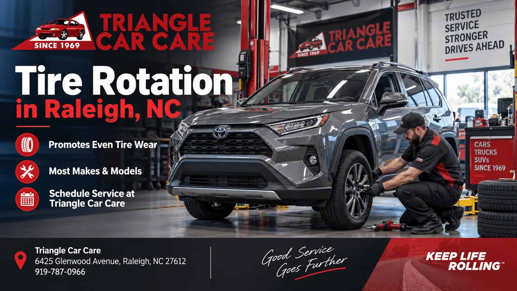 Triangle Car Care tire rotation service in Raleigh NC showing a technician servicing a full-size SUV