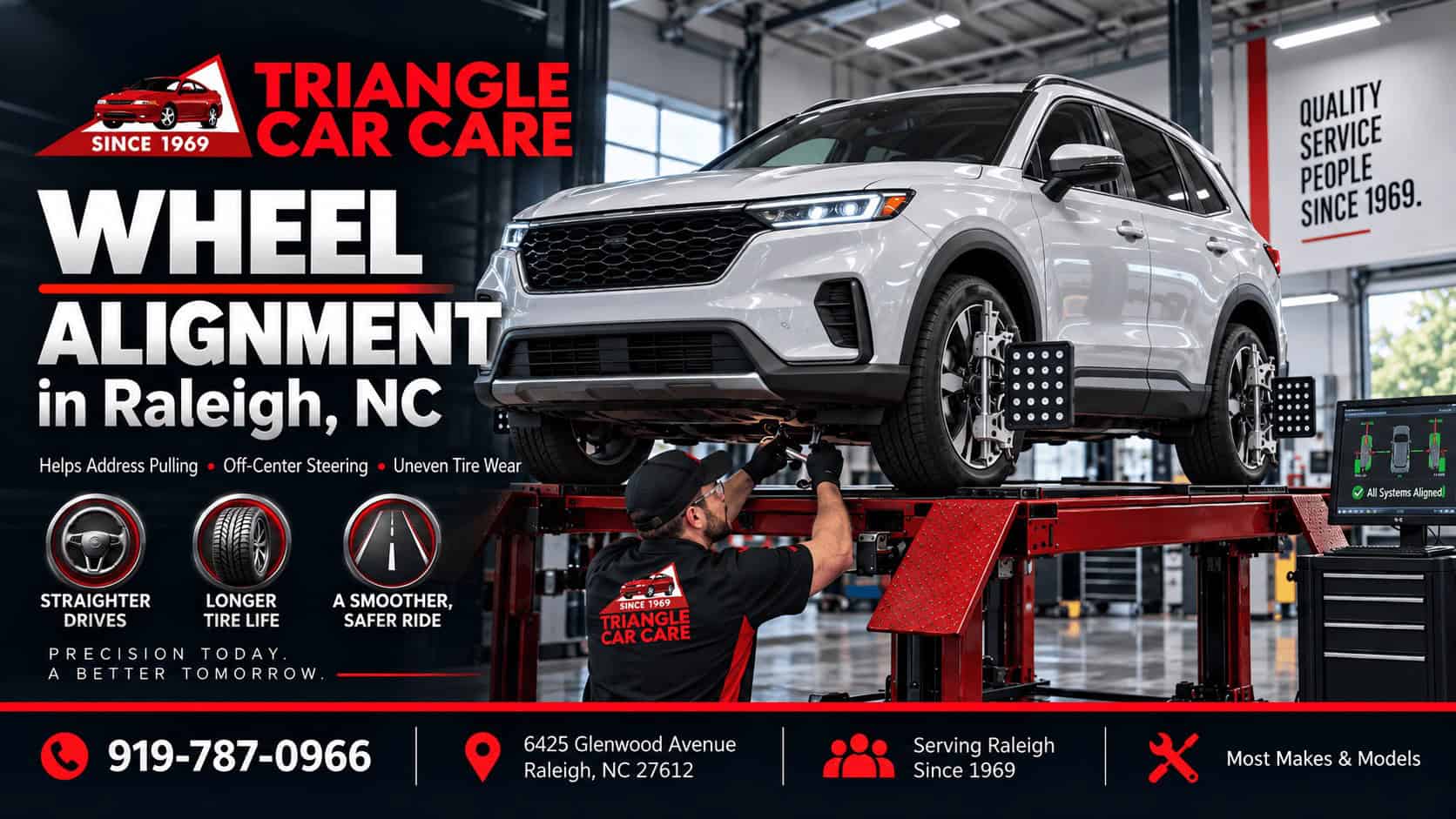 Triangle Car Care wheel alignment service in Raleigh NC showing a vehicle on an alignment rack with alignment targets and a technician