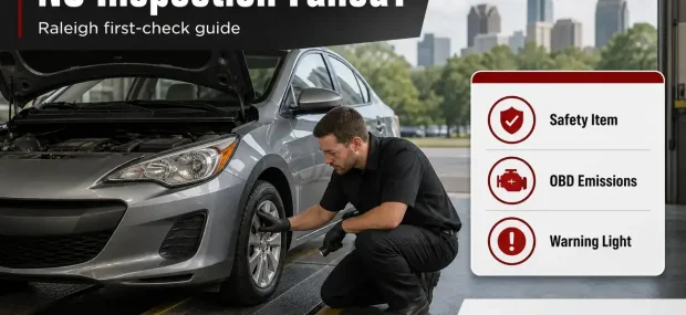 Technician checking a sedan in a Raleigh inspection bay after an NC inspection failed result.