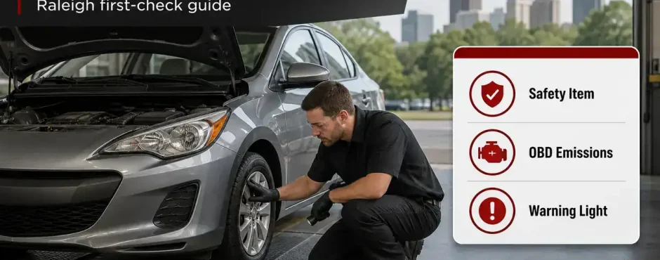 Technician checking a sedan in a Raleigh inspection bay after an NC inspection failed result.