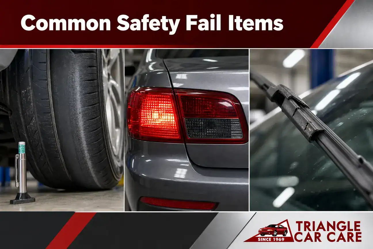 Close-ups of tire wear, a brake light, and a torn wiper blade as common safety inspection failure points.