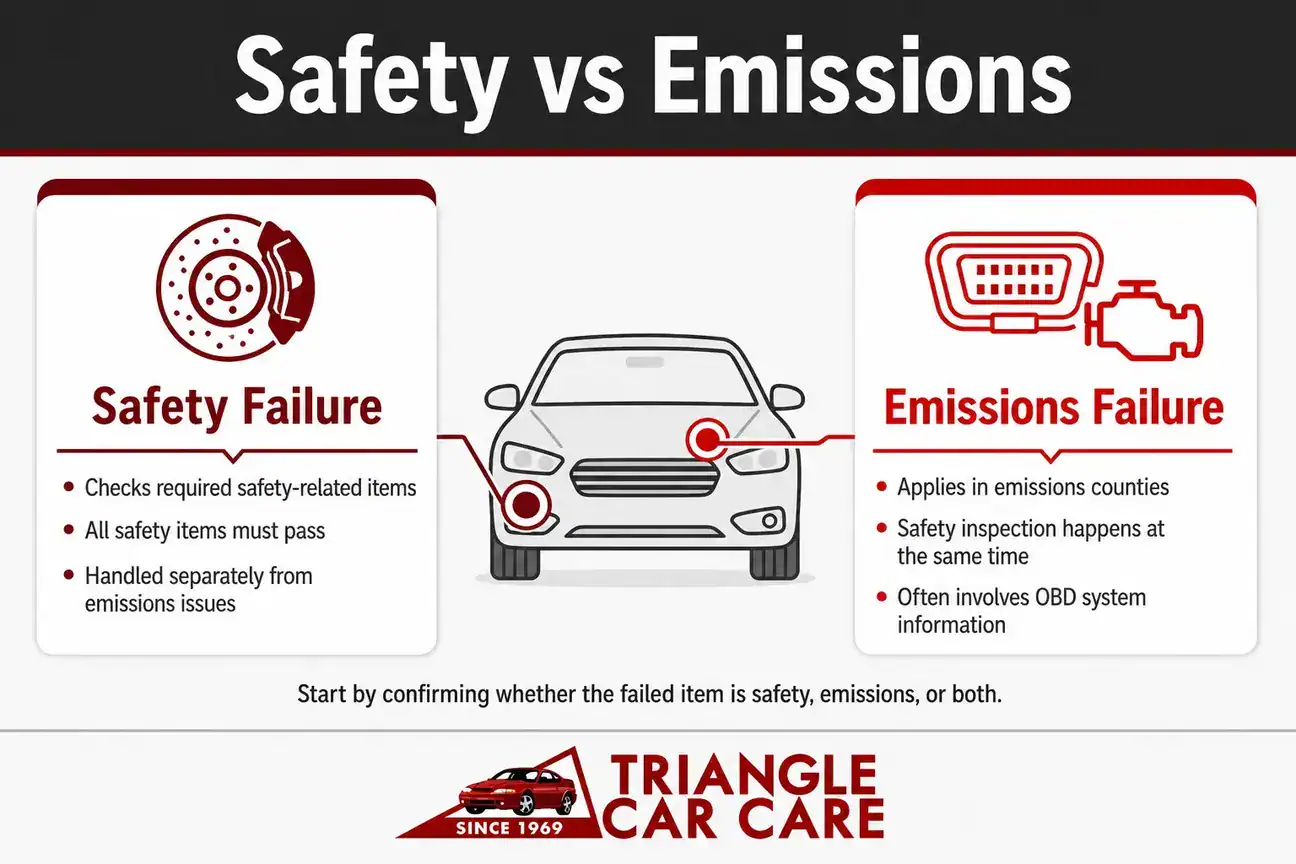Infographic comparing safety and emissions issues after a failed North Carolina inspection.