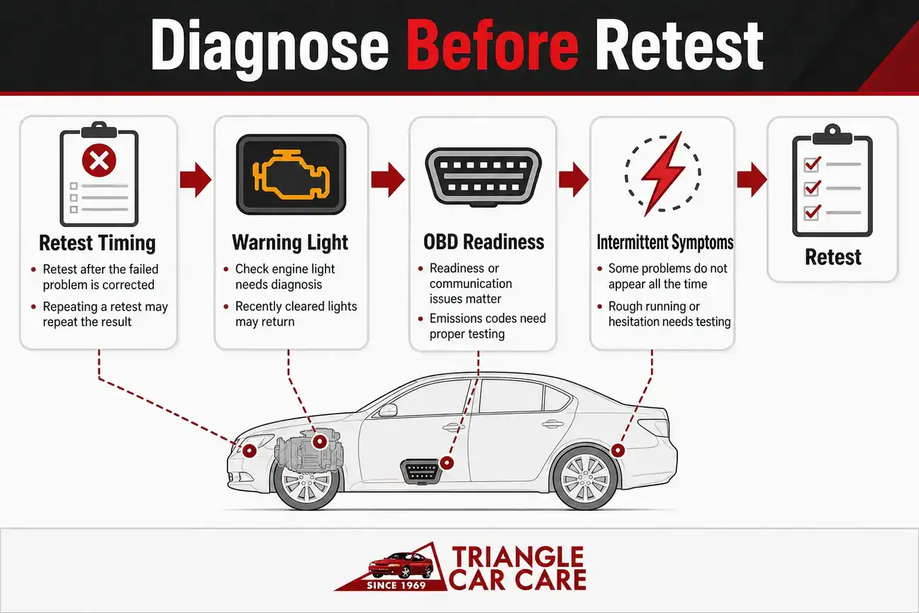 Flow diagram showing when diagnostic testing should come before an inspection retest.